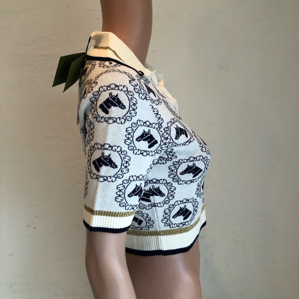 Gucci Equestrian Jacquard Polo Short Sleeves Sweater Cream/Navy Women's Size XS - Picture 3 of 16